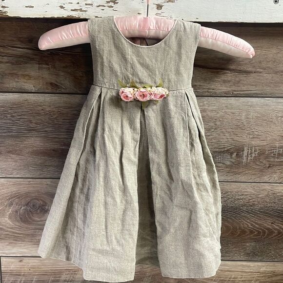 Cottontail Originals Girls Linen Vintage Dress Sz 18mths Gray Pink Attached Slip - Picture 2 of 7